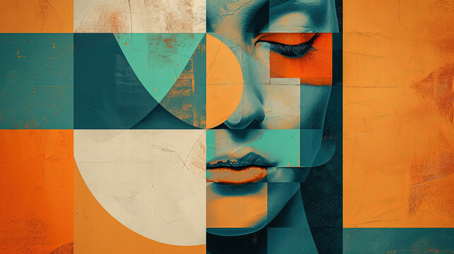 Contemporary art collage. Abstract woman face. Feminine abstraction poster in teal and orange palette. Creative geometric female pattern in cubism style. Concept of beauty, femininity, fashion.