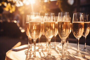 Champagne sparkling wine for guests at party. Golden wedding reception welcome drinks.