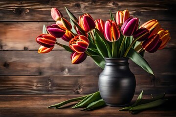 bouquet of tulips in a vase on a wooden background with copy space
