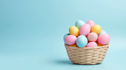 Multi colors Easter eggs in the woven basket on colored background . Pastel color Easter eggs. holiday concept with copy space.