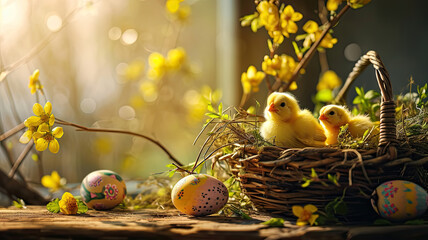 Springtime Joy, Basket of Easter Eggs and Sweet Yellow Chickens