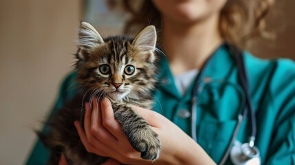 Young vet in scrubs with a cute little kitten, providing care