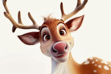 innocence of a lovable cartoon reindeer against a pure white canvas. Ensure clarity in every detail, highlighting the whimsy and delight of the character.