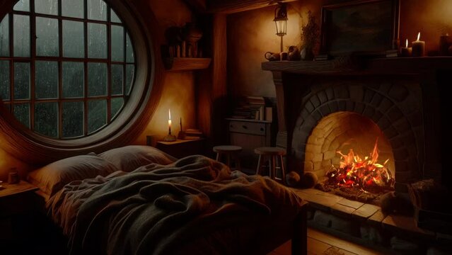 Cozy Hobbit House Ambience and Fireplace Environment Looping video. Rainy weather and raindrops hitting the window.