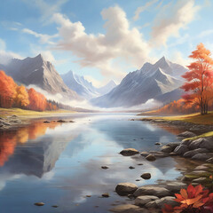 a picture depicting a lake in the mountains with mountains in the distance ai generated