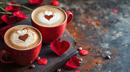 Red valentine coffee latte cups with heart decorations - Powered by Adobe