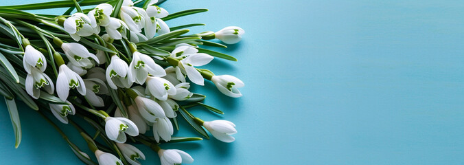 a spring banner,a bouquet of snowdrops lying on a glossy blue background,copy space,the concept of seasonal advertising and greeting cards