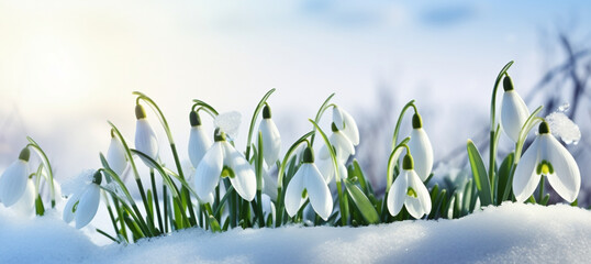 a gentle spring banner, the first snowdrops bloomed, breaking through the snow, the concept of spring materials,renewal and awakening