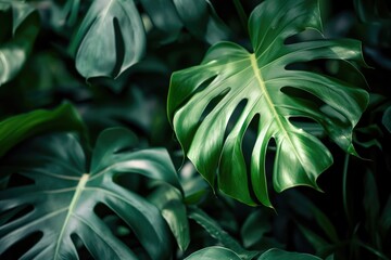 Fototapeta na wymiar Exotic Foliage: Creative Botanical Design with Real Monstera Leaves, Tropical Concept