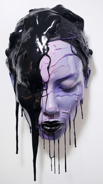Expression de la honte, tristesse, culpabilit&eacute; et accablement : visage masqu&eacute; montrant les &eacute;motions et sentiments humains sur fond blanc, texture r&eacute;sine ou peinture violet et noir