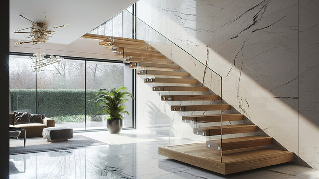 A light oak staircase with floating steps and glass sides, offering a minimalist yet striking feature in a sophisticated home.