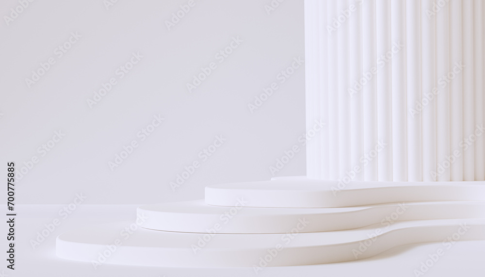 Poster abstract white empty studio, object display mockup, white column and staircase 3d rendering backdrop