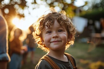 cute boy with smile standing in the outdoors with friend