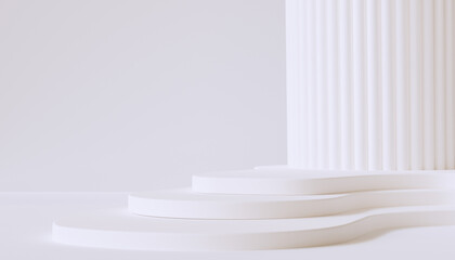 Abstract white empty studio, object display mockup, white column and staircase 3d rendering backdrop.