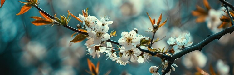 flower branches with blue background with white flowers