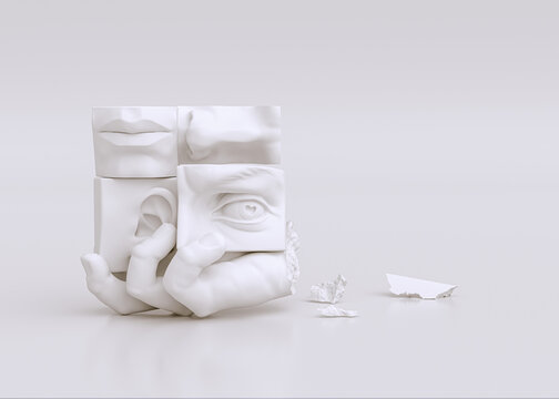 Five human senses concept: smell, touch, sight, taste, hearing. 3d rendering parts of face sense organs and hand of white sculpture