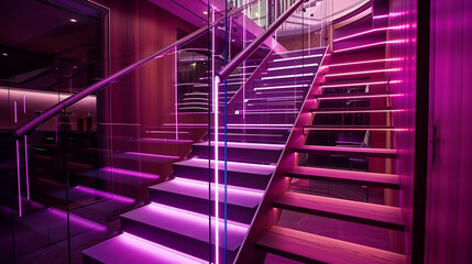 A luxurious Neon staircase blending dark cherry wood with light beech accents, glass balustrades,...