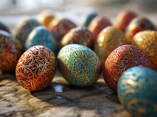 many colorful easter eggs set on a table,