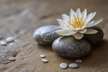 Fototapeta na wymiar Background of sand with stones and lota flower, spa treatments for relaxation