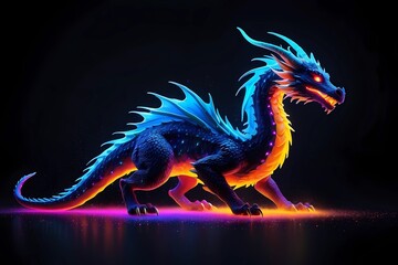 Colorful dragon art illustration on dark fantasy background, Vibrant Neon Dragon