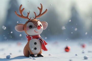 the cuteness overload as a cartoon reindeer strikes a pose on a clean white stage.