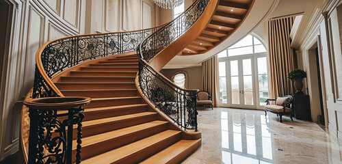 A luxurious staircase with polished light wood and elegant iron balusters, serving as a centerpiece...