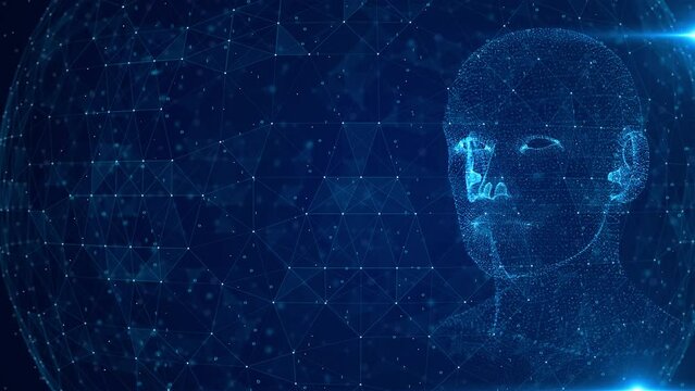 Futuristic Data Holographic interface. Human Head HUD digital artificial intelligence hologram projection virtual reality. Augmented reality, game, future technology, AI concept. VR. Face Detection.