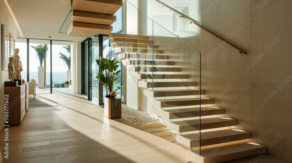 Poster A chic, linear staircase with light oak steps and glass balustrades, enhancing the flow of light in an upscale residence. - Posters