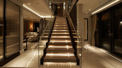 A luxurious wooden Neon staircase in a mix of dark and light hues, with sleek glass balustrades and...