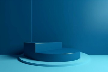 Blue podium on blue background. Minimalistic backdrop for presenting a product. 3D rendering. Generative AI
