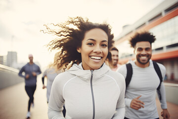 Group of friends jogging together in the city. Multiracial group of people running outdoors.