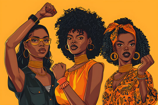 Celebrate Women's History Month by recognizing the unity in the fight for gender equality, symbolized by black women with raised fists,