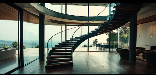 A minimalist spiral staircase with dark wooden steps and understated iron handrails, in a modern, open-plan space.