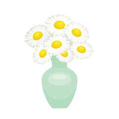 Bouquet of white daisies in green vase. Vector cartoon flat illustration. Flowers icon.