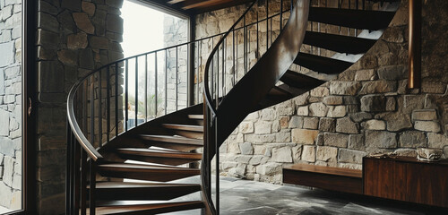 A minimalist spiral staircase with dark wooden steps and understated iron handrails, in a modern, open-plan space. - obrazy, fototapety, plakaty