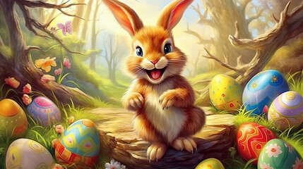 Joyful Easter Bunny and Eggs
