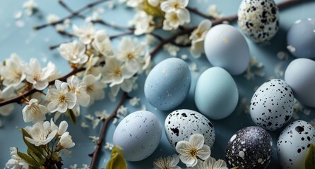 Fototapeta na wymiar pastel bluecolored easter eggs and flowers on the background