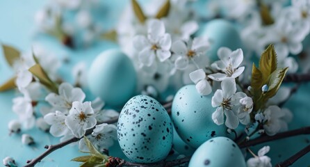 pastel bluecolored easter eggs and flowers on the background