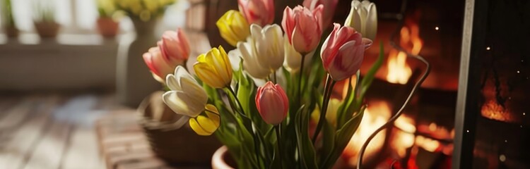 Fototapeta premium pink, yellow and white tulips are sitting next to the fireplace