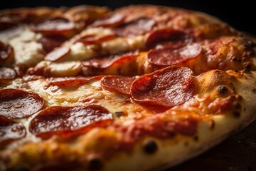 Detailed view of pepperoni pizza. - obrazy, fototapety, plakaty