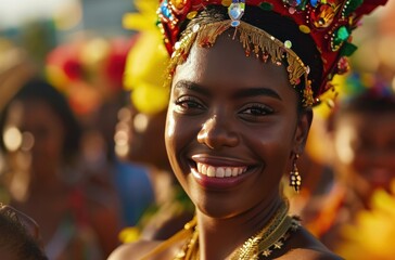 portrait of beautiful woman smiling at camera on carnival day samba event