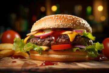 A close-up view of a succulent cheeseburger adorned with fresh tomatoes.