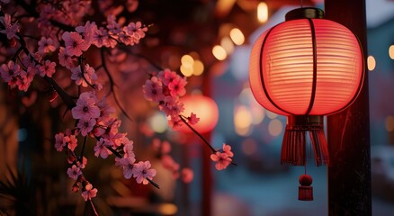 red lantern hanging from the street at night