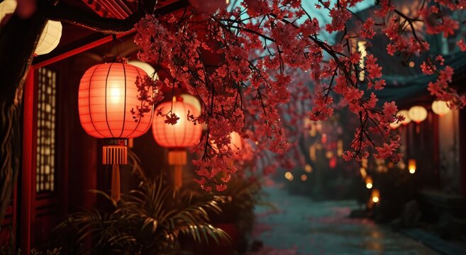red lantern hanging from the street at night