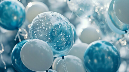 A collection of balloons in icy blues and whites, creating a winter wonderland theme with a cool and refreshing ambiance