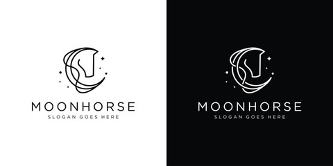 Creative Moon Horse Logo. Moonlight, Crescent Star and Horse with Linear Outline Style. Elegance Horse Logo Icon Symbols Design Vector Template.