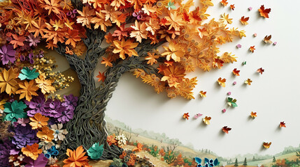 A paper quilling creation showing an intricate tree with multicolored leaves and a detailed bark texture, complemented by a subtle Toile background featuring pastoral scenes.