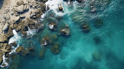 view of blue waves crashing between rock seen from the sky