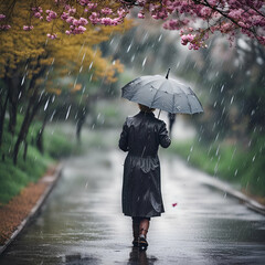 woman walking in the rain with umbrella