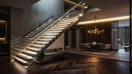 A modern Neon staircase blending rich dark wood with light-colored accents, glass balustrades, and elegant LED strip lighting under the handrails. - obrazy, fototapety, plakaty